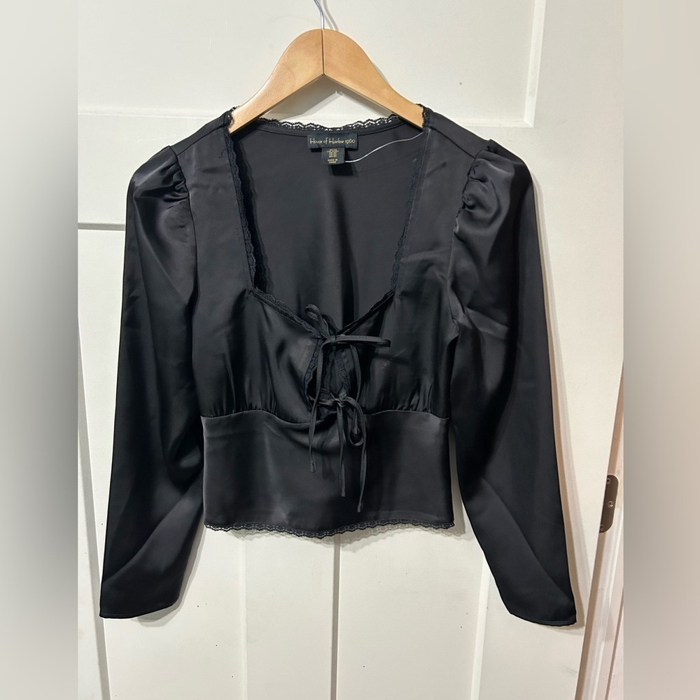 House of Harlow 1960 Black Satin Tie close Blouse and Long Skirt lace trim set - Picture 2 of 8